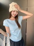 Wine Red Round Collar Straight Shoulder White Short-Sleeved T-Shirt Girl Summer Small Man Folded Waist Bow Blouse