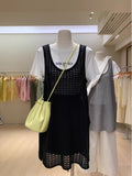 Thirteen Lines Of Early Spring Summer Hollow Knitted Shirt Sleeveless Dress Women Folded Side Open Fork Folded Waistcoat Skirt