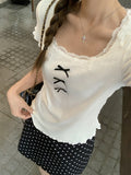 New Ballet Style Lace Splicing U-Neck Short-Sleeved T-Shirt Spring Women's Bow Wood Ear Temperament Beautiful Top