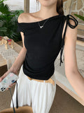 High Sense Unique Collar A Word Out Folded Thin Short-Sleeved T-Shirt For Women Wear Sleeveless Pure Desire Shirt In Summer