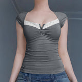 Dili 2025 Spring/Summer Y2K Sexy Knitted Lace Short-Sleeved Top Women's T-Shirt
