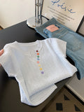 2025 New Summer Dopamine Blue Shoulder Sleeve T-Shirt Women Summer Ootd Wearing A Unique Knitting Top