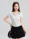 Pure Cotton Youth College Style POLO Shirt Shoulder Short Sleeve T-Shirt Female Collar Bow Embroidery Wrinkles Waist Top