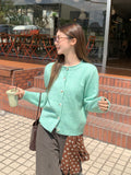 Green Round Collar Knitted Sweater Cardigan Women 2026 Early Autumn Atmosphere Wearing Loose Lazy Button Coat Top