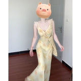 French High-End V-Necked Floral Sling Dress Woman's New Summer 2025 Waist-Skinny Leaf Side Dress