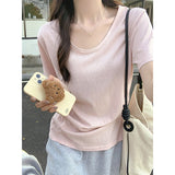 Pink U-Neck Shoulder Short-Sleeved Women's T-Shirt Summer New Large-Size Fat Mm Shaved Stomach Big Thin Loose Tops Hidden Meat