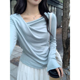 Pure Desire To Word Collar Shoulder Long-Sleeved Knitted Shirt Women Autumn And Winter Collared Horns Folded Tight Inside The Bottom Blouse