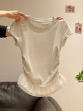 Sweet Age-Rearing Lace Spliced Hem Short-Sleeved T-Shirt 2026 Summer Ballet Style Folding Top