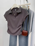 Design Feel Waist Polo Collar Front Shoulder Short-Sleeved Women's Top Summer Hottie V Collar Slimy T-Shirt