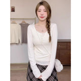 Chicly Crushed Flower Low-Neck Bottom Shirt Women Take Autumn And Winter New Button Long-Sleeved T-Shirt Beautiful Two-Piece U-Collar Top