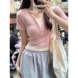 Pink V-Neck Shoulder T-Shirt Women's Short-Sleeved Spring And Summer New Color Fake Two Design-Sensitive Tops To Repair Short-Term Pure Desire