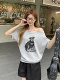 Korean Flower Gray Puppy Letter Print Oblique Shoulder Short-Sleeved T-Shirt Women's Summer New Fashion Top