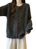 Red Love Buckle Gray Knitted Cardigan Sweater Coat Women Autumn New Large-Size Fat Mm Korean Chic Top