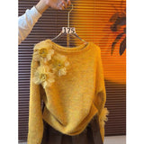 Korean Languid Three-Dimensional Flowers Purple Knitted Shirt Women 2025 Autumn And Winter New Loose Thin Sweater Top Tide
