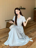 Korean Blue Polo Collar Short-Sleeved Dress Women's Summer Strapped Dress Design Feel Waist Swing Long Dress