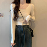 Vintage Low-Neck Shoulder Long-Sleeved T-Shirt Women Early Autumn New Design High Waist Display Thin Short Inside The Bottom Top