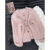 Korean Round-Neck Hollow Lace Knitted Cardigan Women Early Autumn 2025 New Fashion Cut-Down Sweater Jacket