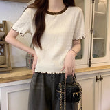 Apricot Round-Neck Wooden Ear Short-Sleeved T-Shirt Women's Summer Short Design Sense Niche European T-Shirt
