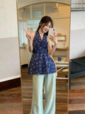 French Hanging Neck Broken Flower V-Neck Vest Shirt Women's Summer Skirt Throttling Waist Shirt Chic Sweet Spicy Small Top