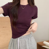 Purple Retro Small Flying Sleeves Short-Sleeved T-Shirt For Girls Summer High-Rise Slimmed-In Hot Girls Short French Top