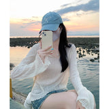 Summer Micro-Permeable V-Neck Wood Ear Loose Sun Protection Shirt Ice Silk Thin Summer Long-Sleeved T-Shirt Girl Lazy Blouse