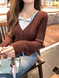 Fake Two Splicing Double-Necked Long-Sleeved Knitted Shirt Women 2026 Early Autumn New Single-Dcupuncture V-Necks On The Shoulders