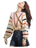 Colored Striped Sweater Women's Autumn And Winter New External Wearing Loose Lazy Hooves Crochet Coat Tide