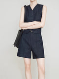 Cationic Imitation Denim Fabric Vest Women Summer Breathable Anti-Fleet Shorts Sleeveless Vest Vest Vest Vest Five-Point Trousers Set