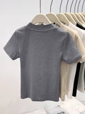 European Gray V-Neck Short-Sleeved Summer T-Shirt Girl 2025 New Design To Repair The Slim Solid Color Fish Bone Waist Top