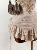 New Fashion Pure Desire Hanging Neck Print Design Holiday Repair Sexy Multi-Layer Skirt Dress Dress Woman