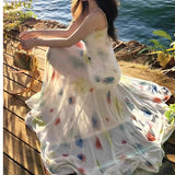 Summer Watercolor Hanging Dress Women 2025 Summer New Small Long Irregular Dress With Fishtail Skirt