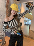 Black And White Striped Oblique Shoulder Long-Sleeved T-Shirt 2026 Spring Chic Beautiful Hot Girl Style On The Shoulder