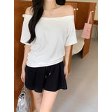 One Word Shoulder Oblique Shoulder Two Wearing Black Open Shoulder Short Sleeve T-Shirt Girl Summer Lazy Wind Loose Loose Loose Slender Feeling Top