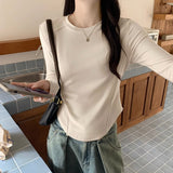 Vintage Long-Sleeved T-Shirt Women's New Design Arc-Shaped Hem Collar Solid-Colored Fish Bone Tops