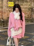 Temperament Thousand Gold Wind Pink Sweater Set Of Women's Autumn And Winter Sweet Soft-Creinating V-Neck Knitted Skirt Two-Piece