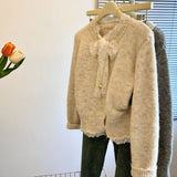 Sweet Pure Lust Lace Bow Sweater Coat Women Autumn And Winter Super-Looking Gentle Wind Top Soft Knitted Open Shirt