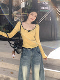 The Bow Bumped Color Hair Knitted Long-Sleeved T-Shirt Girl Han Linen Early Autumn Wearing Shoulder Repair Inside The Bottom Shirt Top