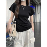 Solid Color Shoulder 2026 Summer New Basic Repair Set With Short-Sleeved T-Shirts Girls Small Black Small Top