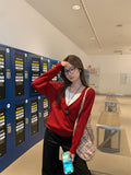 Red Fake Two Knitted Women's Autumn And Winter New Loose Lazy Han Sweater Long-Sleeved Top