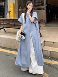 Sweet Folded Suit Women's Summer Design Plaid Shirt Dress Lace Broad Leg Pants Two Sets Of Tide