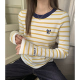 Yellow Striped Round-Neck Print Knitted Bottom Shirt Long-Sleeved Women Autumn And Winter Front Shoulder Design Feel Small Man Top