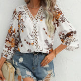 2025 Southeast Asian Summer New Loose V-Neck Temperament Commuter Horn Lace Jersey Chiffon