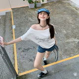 White Oblique Shoulder Prints Out Shoulder Sexy Short-Sleeved T-Shirt Girl Summer Sweet Hottie Loose Lazy Shoulder