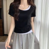 Spicy Collarbone Positive Shoulder Design Fake Two-Piece T-Shirt Girl Short-Sleeved Summer 2026 Super Hot Chic Hot Babes Top