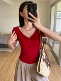 Red Button Half-Neck Round Sleeve 2026 Summer New Folding Repair Slimming Hottie Short Top