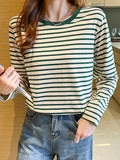 Pure Cotton Shoulder Long-Sleeved T-Shirt Women 2025 Spring And Autumn New Loose Striped Bottom Shirt Inside The T-Shirt Bloat