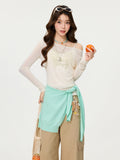 Gray Word Collar Shoulder Long-Sleeved Printed T-Shirt 2026 Early Spring New Set-Up Shirt Repair Body