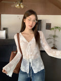 White Bow Tie V-Neck Long Sleeve With T-Shirt Women 2026 Autumn New Wooden Ear Bottom Shirt Top