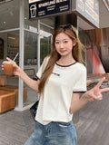 Flower Gray Letter Embroidery Splicing Round Collar Short-Sleeved T-Shirt Women 2026 Summer New Loose Thin Top