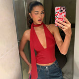 2025 Summer New Hanging Neck Low Breast Slings Sexy Neck Strap Back Hollow Vest Deep V Striped Back
